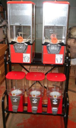 5 Bulk Vending Machines on a Rack Stand
