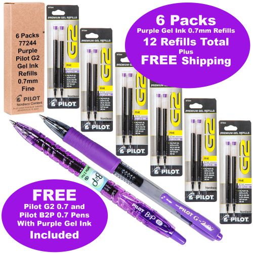 Pilot G2 Refills, Purple Ink 0.7mm Fine, 6 Packs of Refills Plus G2 &amp; B2P Pens