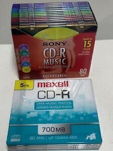 SONY CD-R Music 15 Pack 80 Min Slim Jewel Cases Digital Quality + 5 Maxell