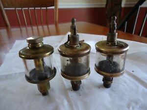 3 Antique Brass Hit &amp; Miss Engine Oiler 2 Unbranded 1 RARE Victor Lubricator Co.