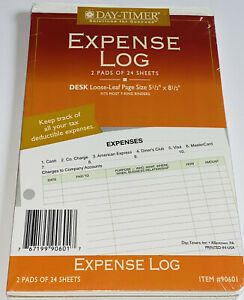 Day-Timer Expense Log Item #90601 2 Pads of 24 Sheets Planner Refill Pages NEW