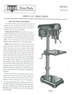 Delta 20&#034; Drill Press Delta Operator, Maintenance &amp; Parts Manual (PM 1879)