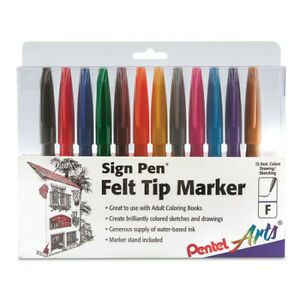 PENTEL ARTS S52012 Sign Pen Color Marker, Extra-Fine Bullet Tip, Assorted