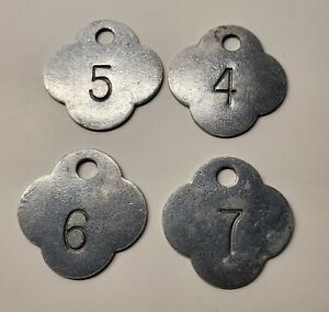 Vintage Numbered 4 5 6 7 Metal Tags Aluminum Clover Shaped Lot of 4 RARE