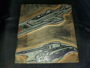 ? F86 Sabre Jet  M46 Patton Tank wood print printing block shooting. Korean War?