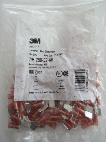 NEW 3M 94809 Nylon Insulated Male Disconnect 22-18 AWG .250&#034; Red 100 pack