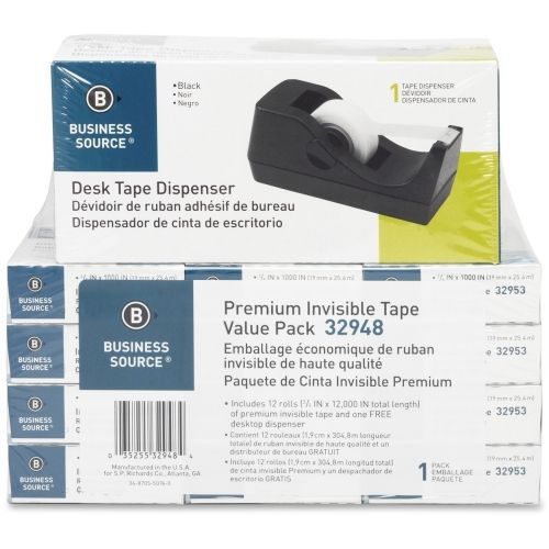 Business Source Value Pack Invisible Tape w/ Dispenser- 1&#034;Core- 12/Pk- BSN32948