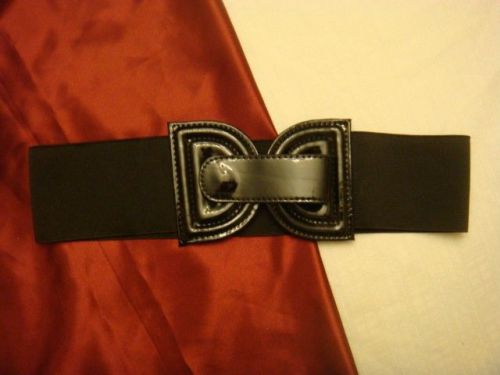 Black elastic  and patent faux leather clip belt 28&#034; l for sale