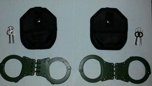 (2 sets of) green hinged double lock police handcuffs w/ keys &amp; case for sale
