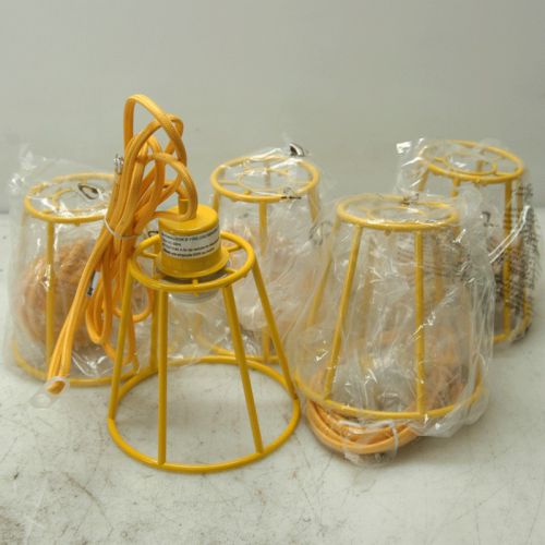 (5) new yellow metal lamp guards w/ 10&#039; cloth covered wire 60 watt light fixture for sale