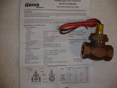 Shuttle type flow switch gemsfs-200  1&#034; npt, 1.0 gpm  #fs-200 series  p/n 27052 for sale