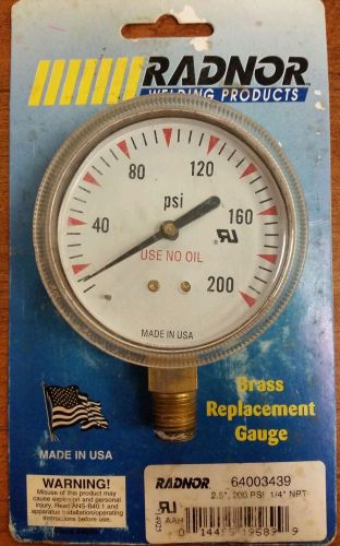 Radnor 2.5&#034;, 200 psi 1/4&#034; npt brass replacement regulator gauge for sale