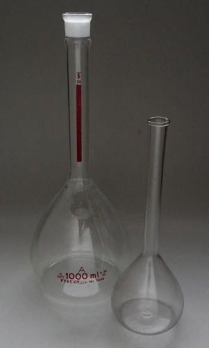 Lot of 2 vintage pyrex chemical lab glass bottle volumetric flask for sale