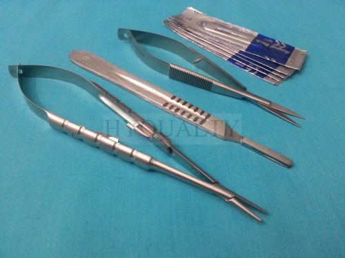 Castroviejo needle holder 5.5&#034;+scissors 4.5&#034; str+scalpel handle #4+5 blades #22 for sale