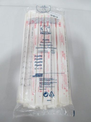 LOT 50 NEW FALCON 357551 10ML STERILE SEROLOGICAL POLYSTYRENE PIPETS D248188