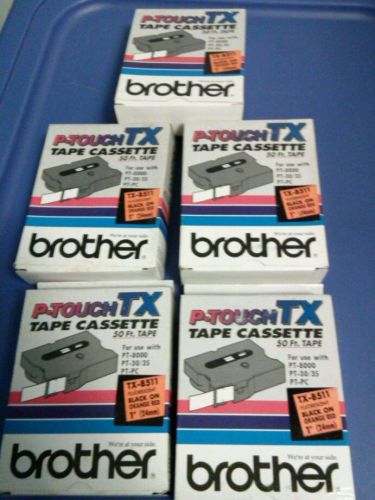 Lot of 5 New Brother P-Touch TX-B511 Fluorescent black on orange red 1&#034;  50 ft.