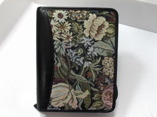 Black leather &amp; cloth flower leaf print franklin covey compact 6 ring binder 1&#034; for sale