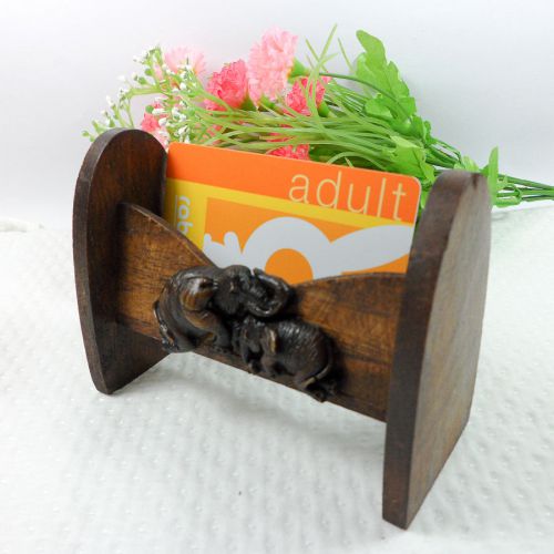 ROLODEX LEATHER BUSINESS CARD HOLDER WOOD&amp; RESIN ELEPHANT THAI HANDCRAFT BROWN