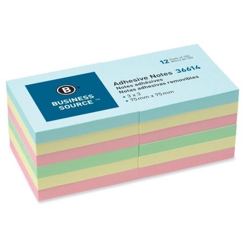 Business Source Adhesive Note -Repositionable-3&#034;x3&#034;-Assorted -12/Pk- BSN36614