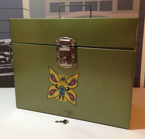 Retro 1950s Hamilton-Skotch Porta-File w Mascot Label Green Metal Box with Key