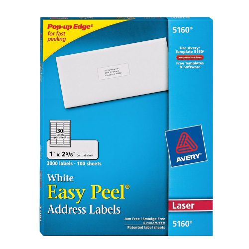 Avery Easy Peel Address Labels - White - 1&#034; X 2.62&#034; - 3000 Labels - Box - 5160