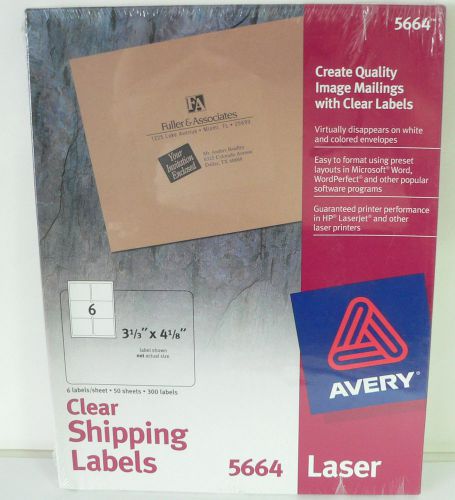 Avery 5664 Clear Shipping Labels Laser 50 sheets - 300 labels - 3 1/3&#034; x 4 1/8&#034;