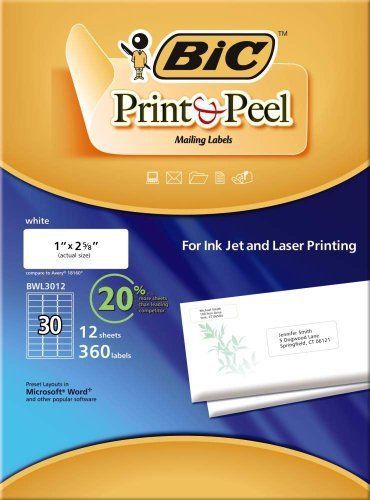 BIC Print and Peel Address Shipping Mailing Labels 1&#034; x 2 5/8&#034; Adhesive Labels
