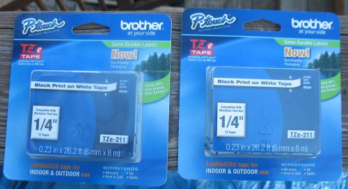 Brother P-Touch Adhesive Labeling Tape, 1/4&#034;, Black on White, TZe-211 lot of 2
