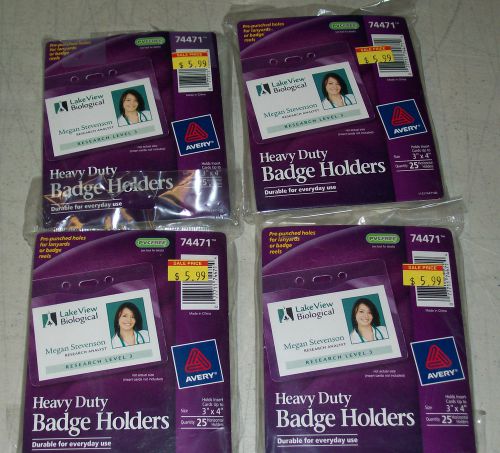 4 Packs of Avery 74471 Heavy-Duty Badge Holders, Prepunched, 3&#034;x4&#034;, 25/PK (100)