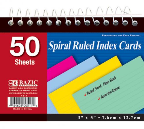 BAZIC 50 Ct. Spiral Bound 3&#034; X 5&#034; Ruled Colored Index Card, Case of 36
