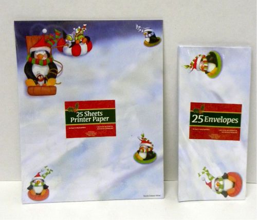 NEW Sealed Set Of 25 each Cute Penguin  Christmas Holiday Stationery &amp; Envelopes