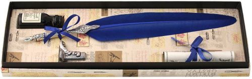 Blue Feather Quill, Ink &amp; Pewter Pen Holder Set by Coles Calligraphy