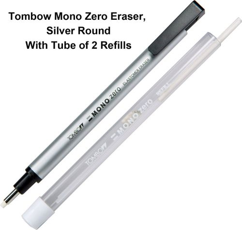 Tombow Mono Zero Eraser, Round Silver With Tube of 2 Eraser Refills