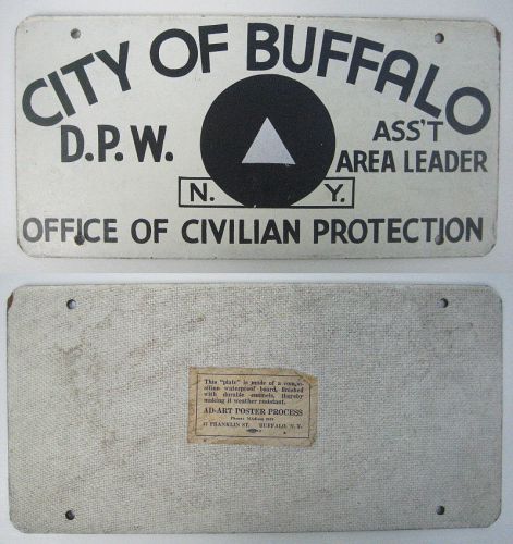 Buffalo NY, License Plate like Hard Hat Zone SIGN, Civilian Protection DPW WPA