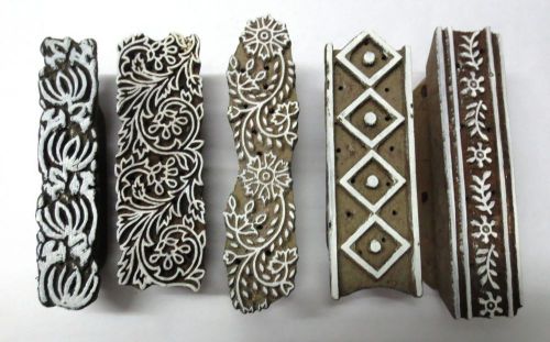 LOT OF 5 INDIAN WOOD HAND CARVED TEXTILE PRINTING FABRIC BLOCK STAMP BORDER