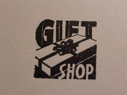 Letterpress printers block &#034;GIFT SHOP&#034; Ribbon,Bow,Flowers,Present,Box,Store,Date