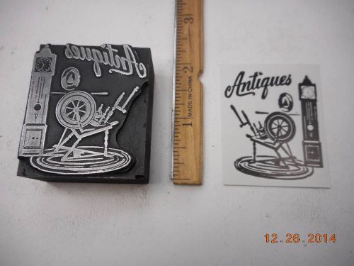 Letterpress Printing Printers Block, Antiques, word w Spinning Wheel &amp; Clock