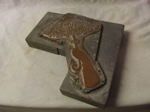 VINTAGE COPPER ON WOOD PRINTERS BLOCK W/ PARASOL WITH HAND