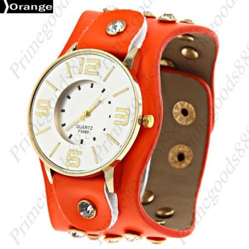 Wide Round Analog PU Leather Lady Ladies Wrist Quartz Wristwatch Women&#039;s Orange