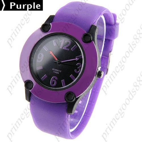 Unisex Round Quartz Analog Wrist Watch Rubber Band in Purple Free Shipping