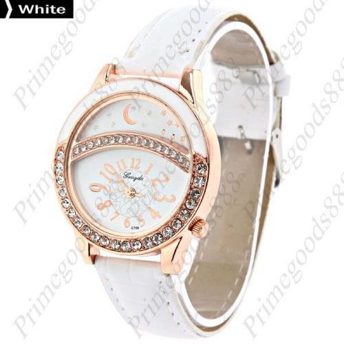 Star Round Rhinestones PU Leather Lady Ladies Quartz Wristwatch Women&#039;s White