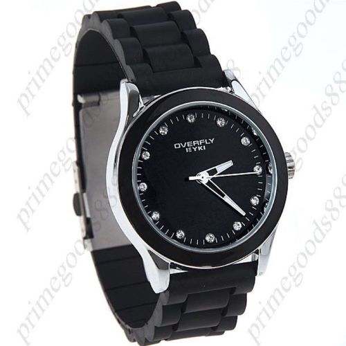 Silver round rubber band rhinestones wrist quartz wristwatch women&#039;s black for sale