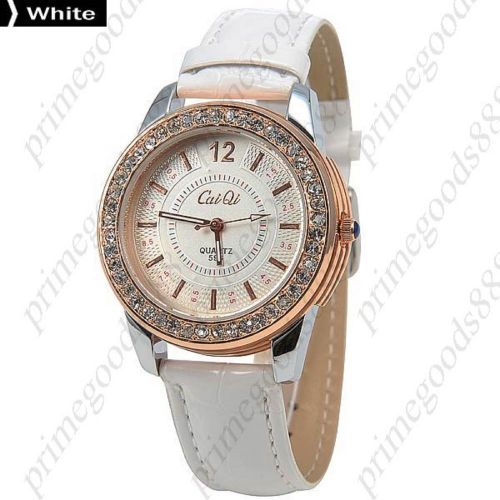 Rhinestones PU Leather Analog Quartz Wrist Lady Ladies Wristwatch Women&#039;s White
