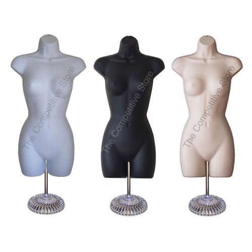 3 female mannequin forms (hip long) w/ economic plastic base - black white flesh for sale