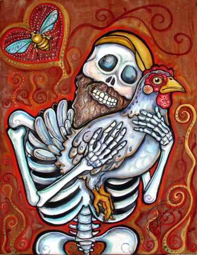 Lisa Luree art Orig Dia De Los Muertos HONEYBEE CHICKEN HUGGER skeleton painting