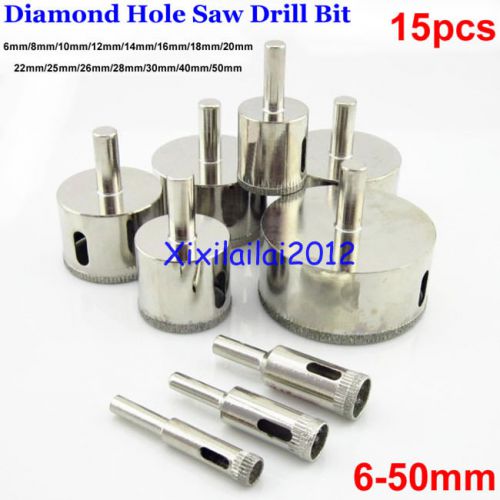 15pcs 6mm-50mm Diamond Hole Saw Tile Ceramic Glass Porcelain Marble Drill Bit