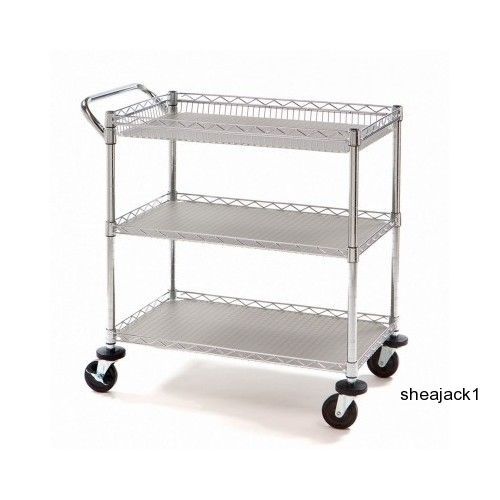 Chrome Utility Commercial Push Cart Kitchen Buffet Medical Metal Steel Shelf