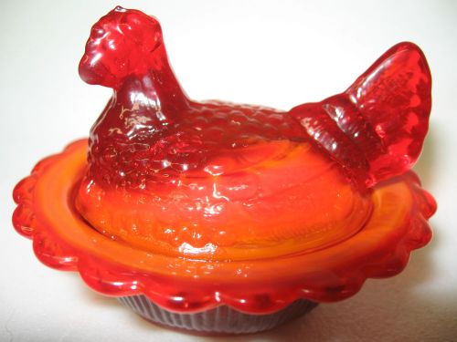 ruby red slag glass salt cellar hen / chicken on nest basket dish rooster orange
