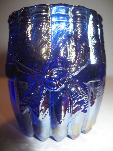 Cobalt Blue iridescent carnival glass tabletop toothpick holder stogie barrel nr