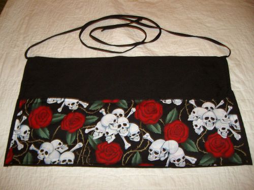 Black Apron Skull &amp; Roses Server Waitress Waist Half Apron Name Embroidered FREE